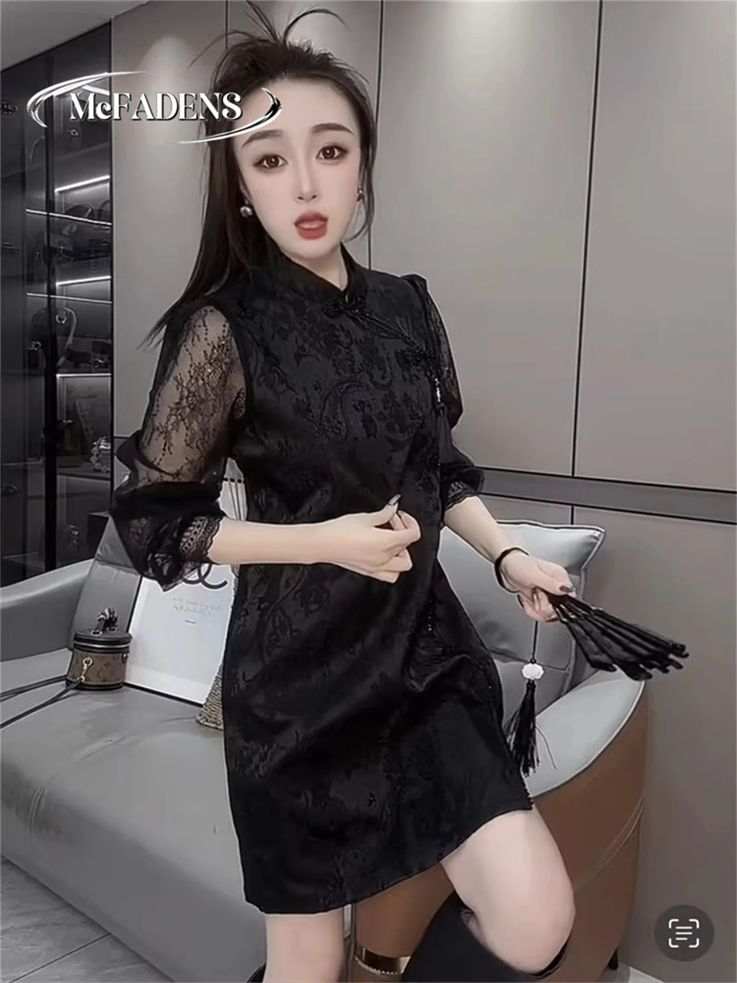 

New 2026 Early Spring Hong Kong Chinese Sle Dr Women's National Sle Heavy Embroidery Button Lace Bla Dr