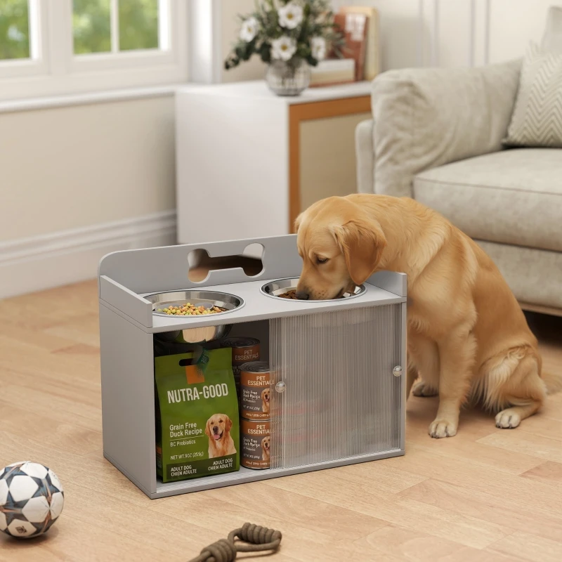 Station de gamelles surélevées pour chien avec 2 bols en acier inoxydable, armoire de rangement 50L, MDF, mangeoire à alimentation lente, antidérapante, motif os gris