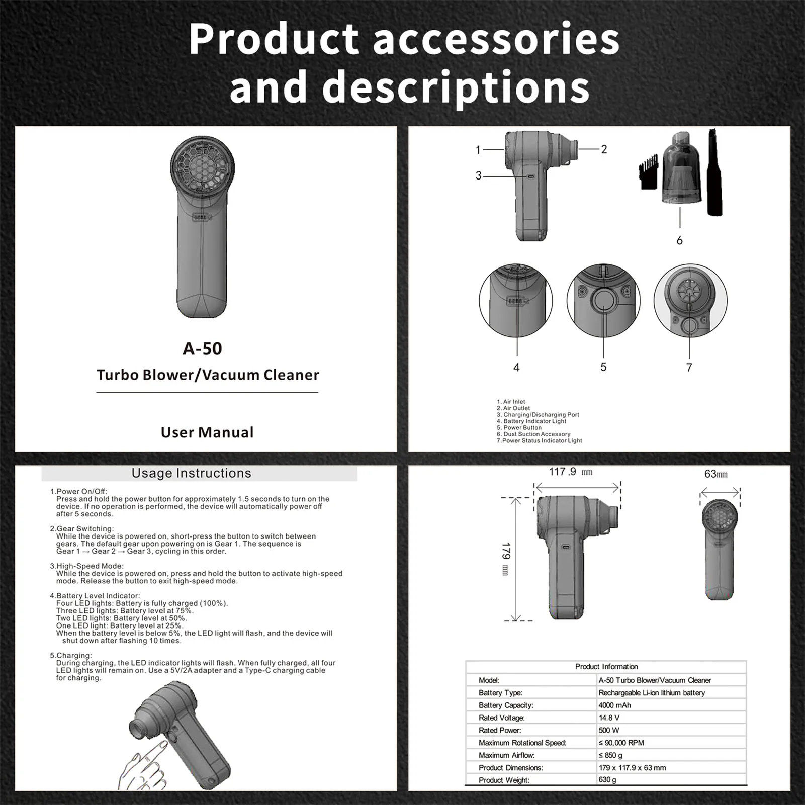 منفاخ هواء محمول 500000 دورة في الدقيقة 50 مللي متر محرك بدون فرشاة منفضة هواء كهربائية مضادة للانزلاق مقبض مقاوم للحرارة USB قابلة للشحن للسيارة