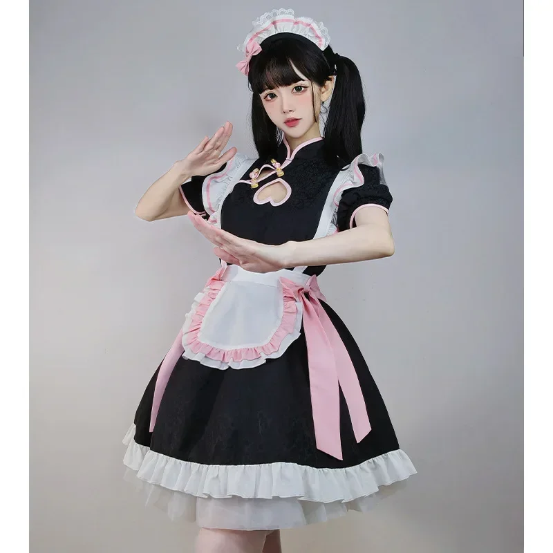 A Anime Lolita Chinese Cheongsam Dress Sweet Pink Kawaii Maid Cosplay Costume Party Stage Waitress Maid Role Play Cat Girl Unifo