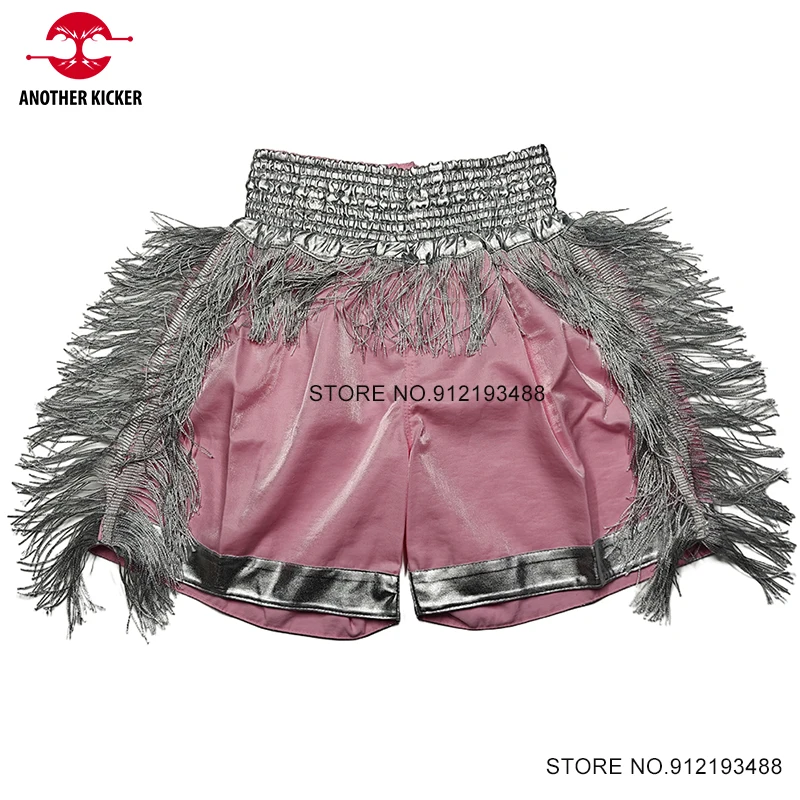 Muay Thai Shorts Silver Tassels Boxing Shorts Women Men Children Girl Boy MMA Grappling Kickboxing Cage Fighting Shorts Pink