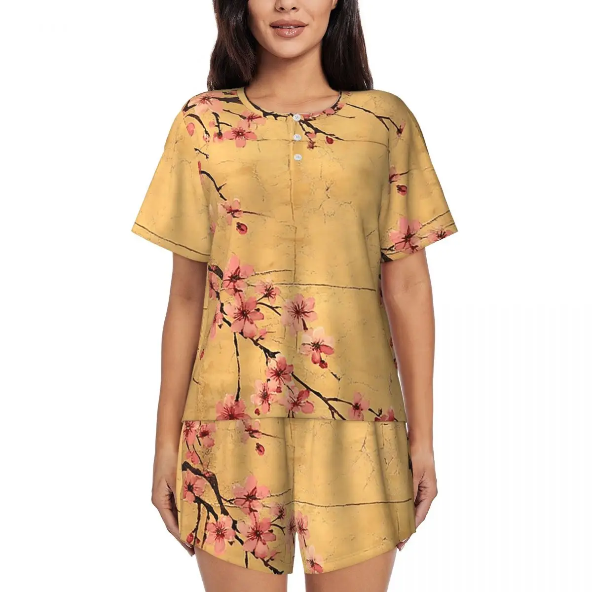 

Sakura Cherry Blossom Japanese Flowers Round Neck Short Sleeves Nightdress for Sleepshirts Women Loose Pajama Set Short Pants
