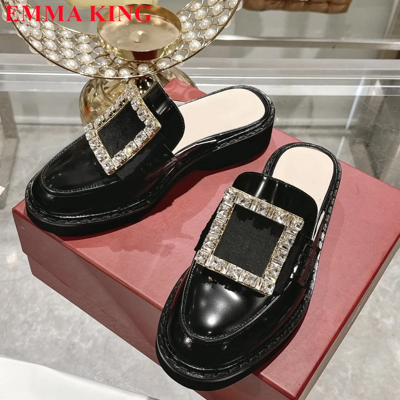 

Luxury Rhinestone Square Buckle Strap Slippers Women 2024 Round Toe Mules Genuine Leather Casual Shoes Thick Sole Outside Slides