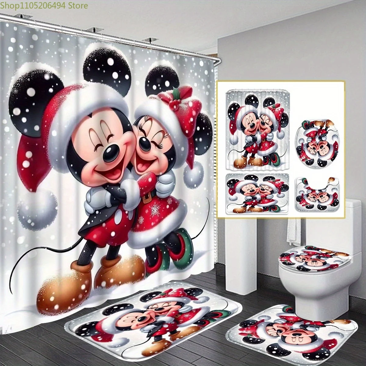 

1 шт./4 шт. Рождественский узор Микки Мауса, многоцветный фон, занавеска для душа, современный домашний набор для украшения ванной комнаты с 12 шт.