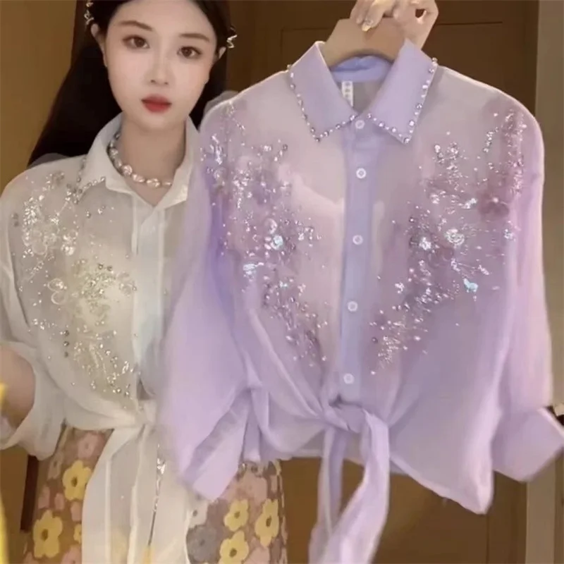 

2025 new Women's Shirts Sunscreen Clothing Summer Heavy Industry Nail Bead Sequin Flower Tie Sweet Shirt Loose Blouse Top ﻿