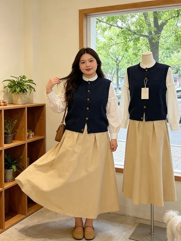 

plus Size Women's Spring 2026 New Three-Piece Set Shirt Sleeveless Layered Vest High Waist Skirt Fashion Outfit Ensemble
