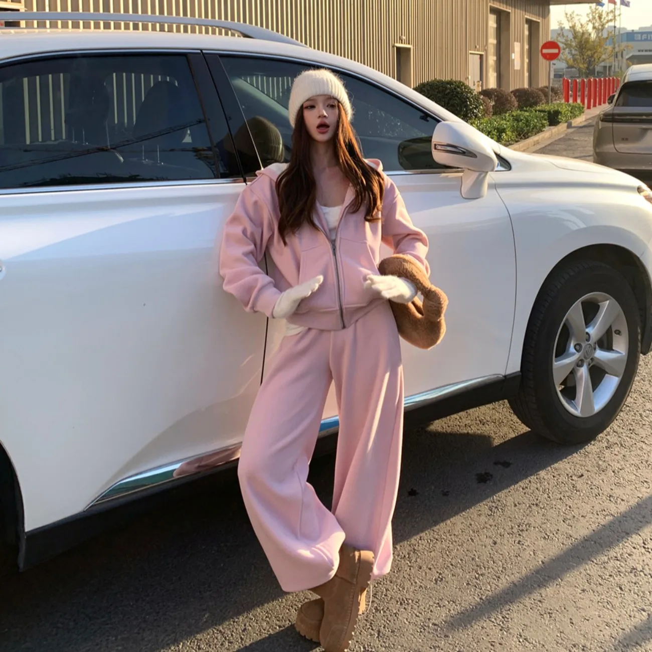 Korean Style Fleece Hooded Sweatshirt Set Women's Winter Loose Casual Fashion Two-Piece Ensemble Long Sleeve Zipper Cotton Pants