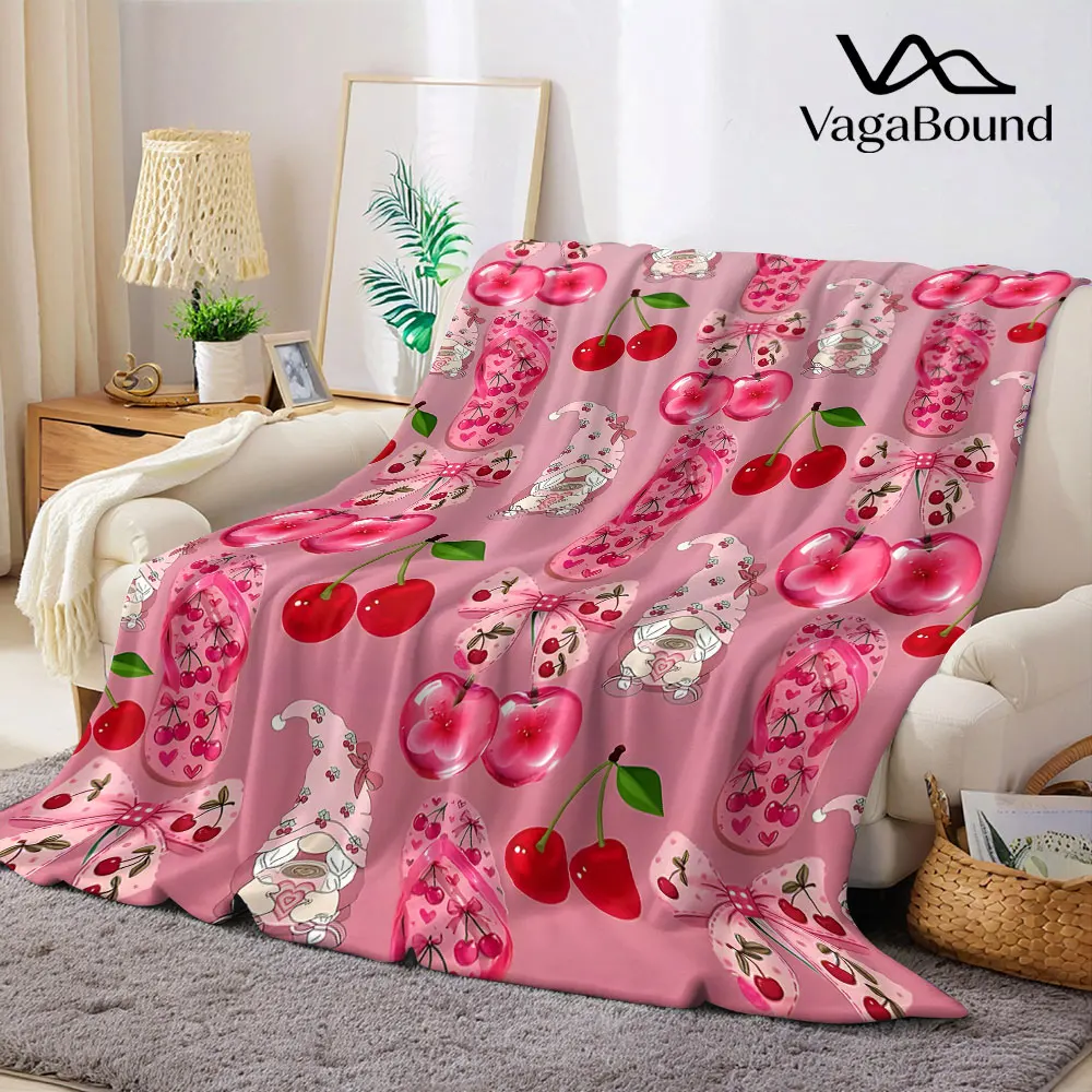 Pink Cherry Gnome Flannel Blanket Warm Soft Halloween Christmas Decorative Couch Warm Cozy All-Season Gift