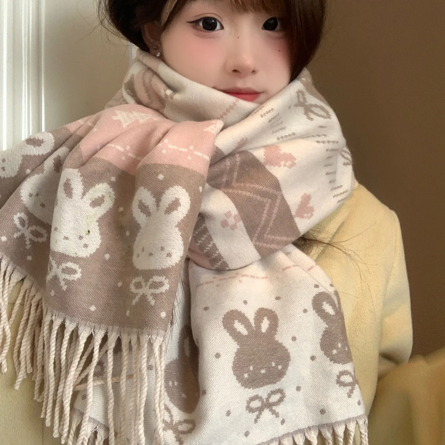 

Korean Atmospheric Snowflake & Snow Rabbit Scarf for Women, Winter Fall Thick Knit Wrap, Warm Cozy Versatile Neckwear