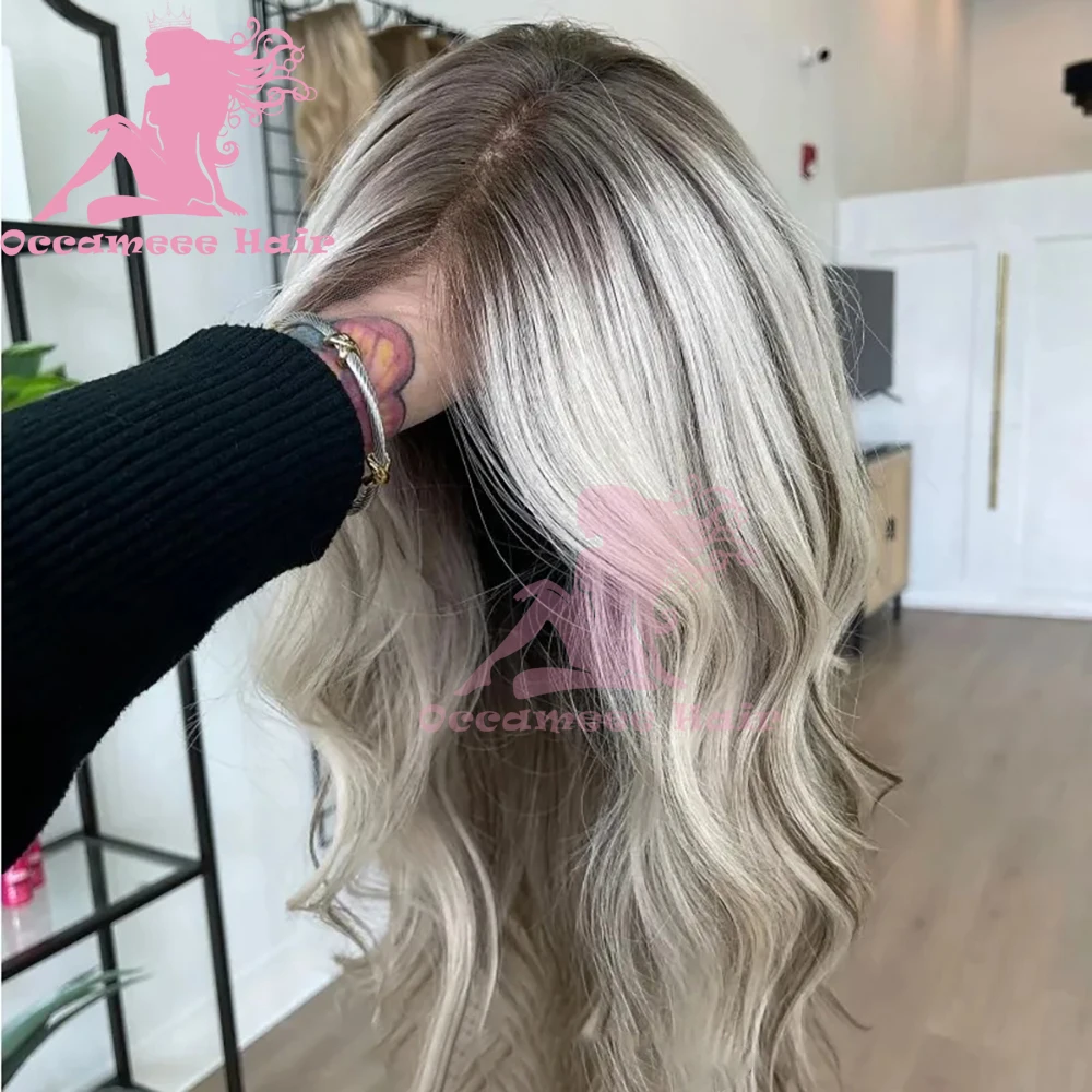 Peruca de cabelo humano com destaques, Raízes escuras, Ombre Ash Grey, Lace Frontal Transparente, 100% cabelo humano, 13x4 Lace Front Perucas com cabelo de bebê