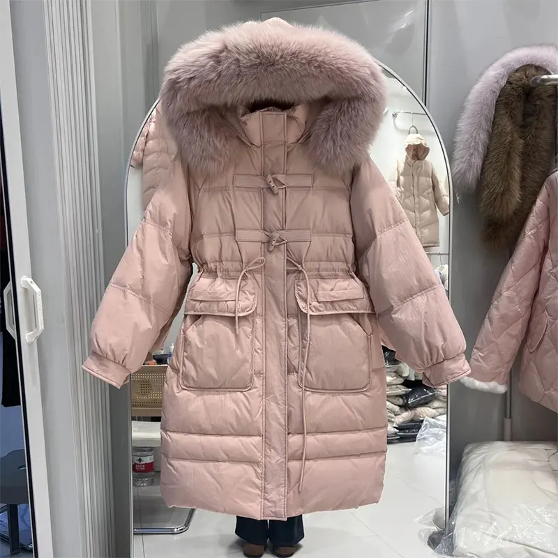 

Новинка 2025, женский пуховик, длинный, экологически чистый, зимний, с большим меховым воротником, с утолщенной талией, белое пальто на утином пуху