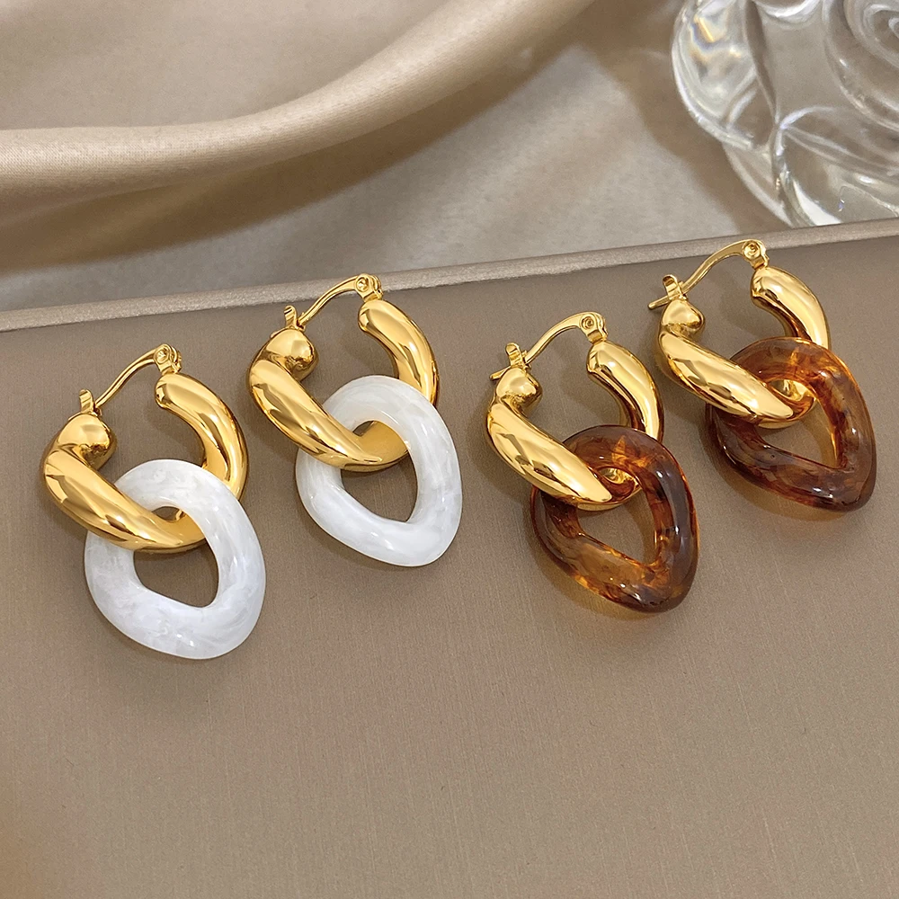 

DODOHAO Vintage Irregular Interwoven Acrylic Stainless Steel Earrings for Women Golden Waterproof Earrings No Fade Charm Jewelry