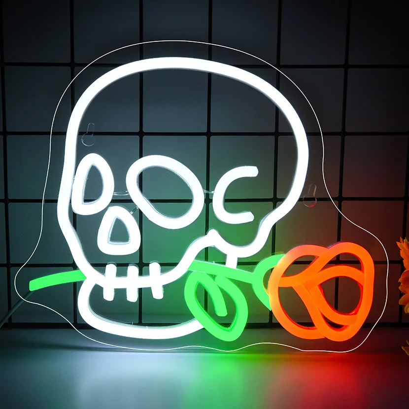 Skeleton Skull Flower Neon Sign for Wall Decor Skull LED Neon Light for Bar Party Man Cave Halloween Decor Birthday Gifts ﻿