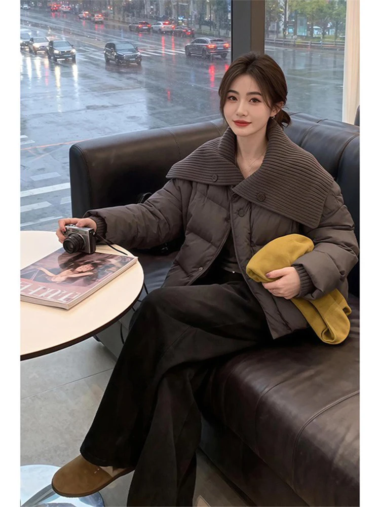 

Elegant Knitted Collar Patchwork Long Sleeve Cotton Jacket Women's Winter New Style Loose Slimming Short Cotton Coat Outerwear