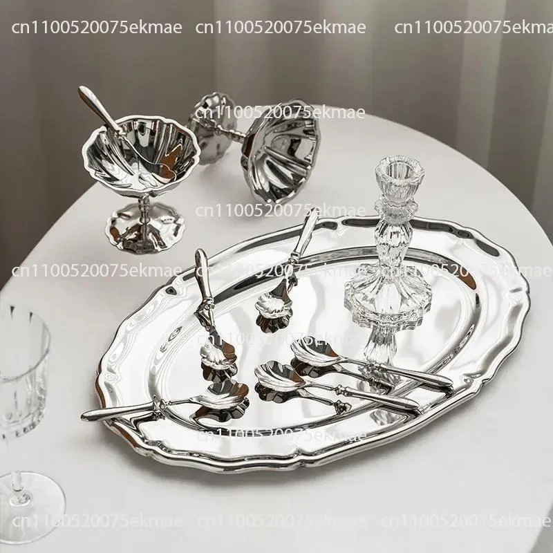 Stainless Steel Oval Lace-Patterned Trays – Afternoon Tea Cake and Dessert Plates for Home Use – Minimum Order of 2