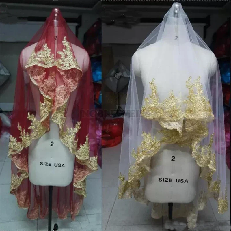 Véu de casamento de tule com borda de renda dourada, véu de noiva longo de 1.8m, acessórios de casamento baratos e personalizados