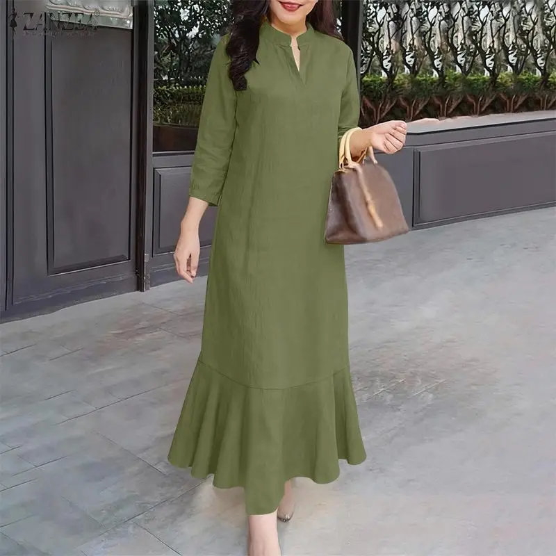 ZANZEA Damen Elegantes Einfarbiges Langes Kleid V-Ausschnitt 3/4 Ärmel Gerüschter Saum Maxikleid 2026 Frühling Lässige Tägliche Roben Femme 3XL