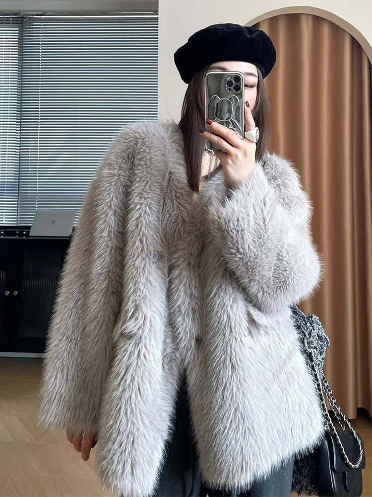 Winter Fluffy Jacket for Women 2023 New Thick Warm Elegant Lady Furry Outerwear V-neck Long Sleeve шуба искусственный мех