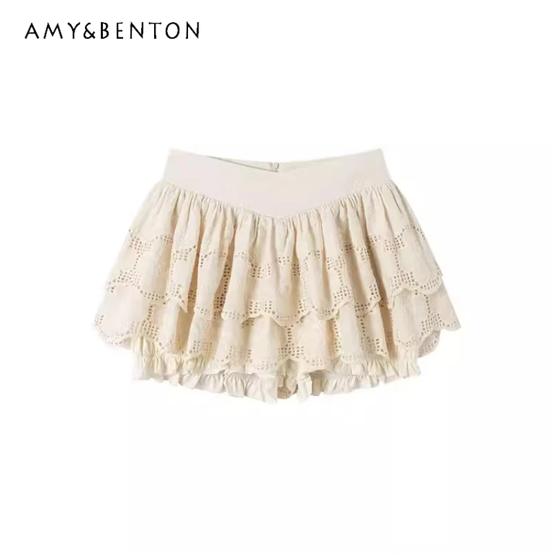 

French Heavy Industry Double-layer Hollow Out Embroidered Women's Skirt 2026 New Sweet Anti-light Short Cake Tutu Skirts Ladies