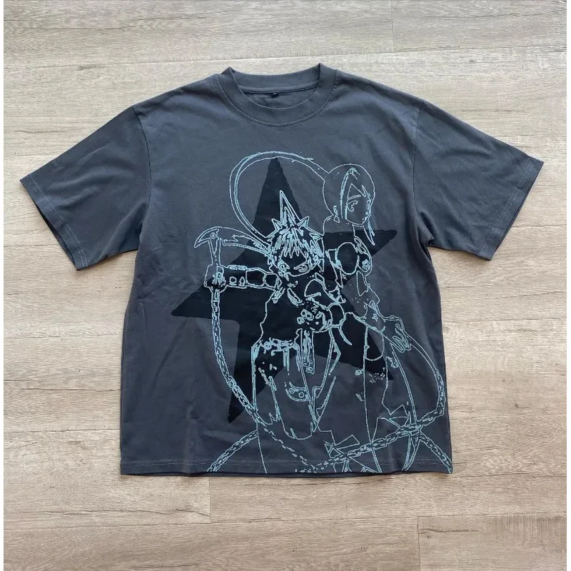 Y2k verano tendencia americana Hip Hop dibujos animados Anime impreso hombres camiseta Goth Harajuku Vintage pareja Casual camisetas de gran tamaño