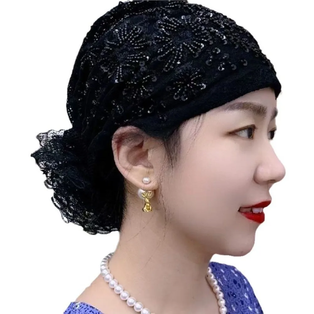 New Flower Embroidery Bonnet Hat Elastic Cover White Hair Headwear Breathable Full Cover Headscarf Summer