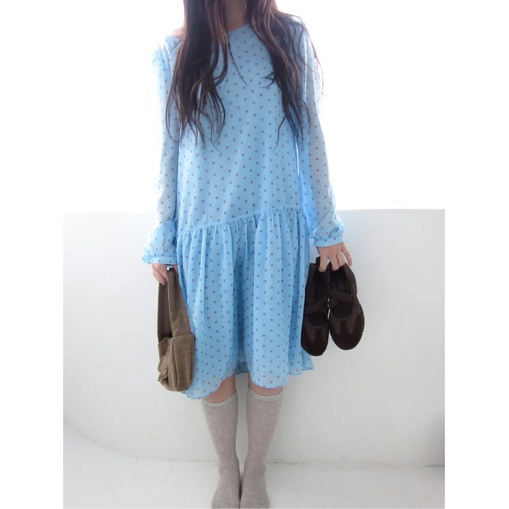 

Шикарное ретро-платье из шифона с круглым вырезом и длинными рукавами, женское, весеннее, новое, в горошек, омолаживающее, в стиле «Лесная система», длинное, в корейском стиле