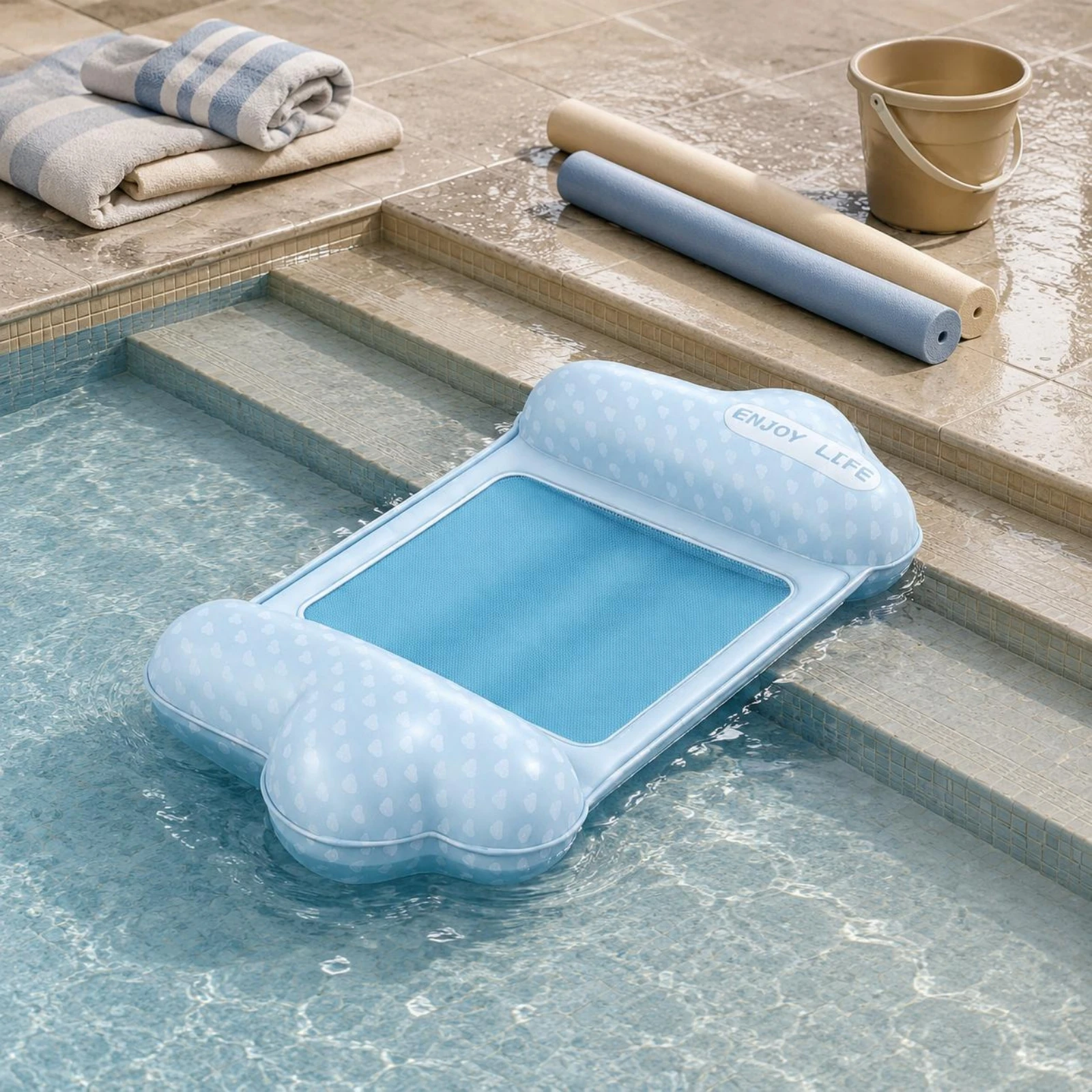 Mesh Lounge Mat Two Air Chambers Floating Lounge Mat Inflatable Pool Mat Raised Side Sections Floating Lounger Mat with Pump