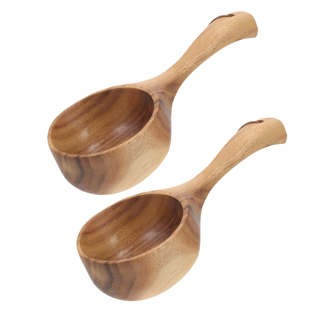 

2 pcs Wooden Water Scoop Long Handle Bath Ladle Large Capacity Wood Bathroom Tools Sauna Spoon Tub Accessories