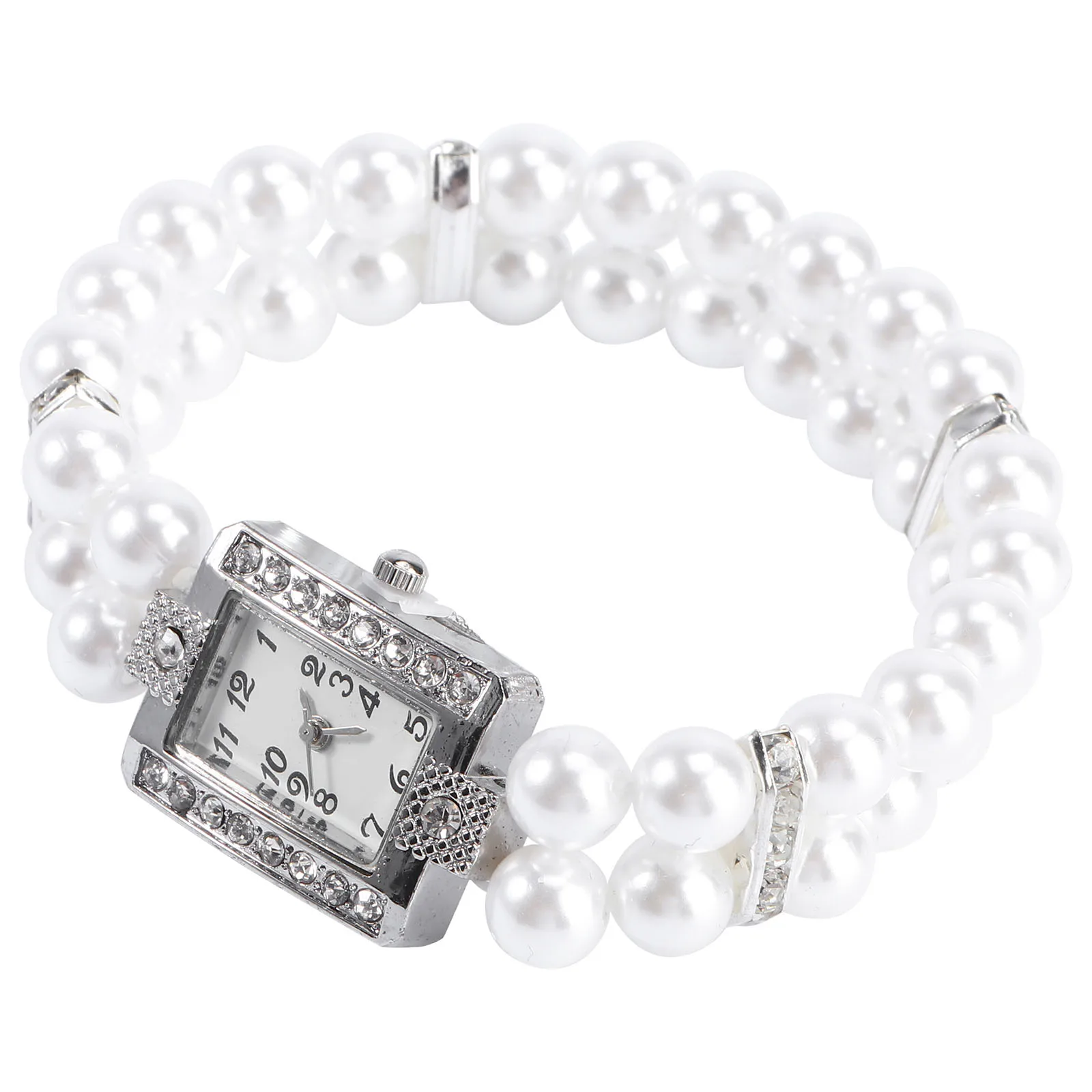 

Women Pearl Rhinestone Bracelet Watch Stainless Steel Elastic Band White Two Row Quartz Wristwatch Included Fashion