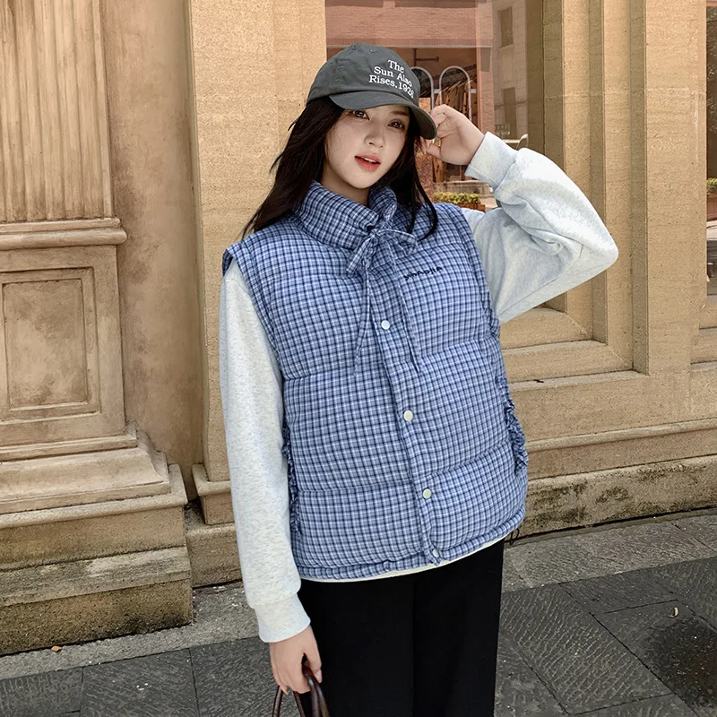 

Retro Plaid Sleeveless Vest Loose Women's Outerwear Blue Plaid Stand Collar Vest Jacket Autumn Winter Thicken Warm Casual Vest