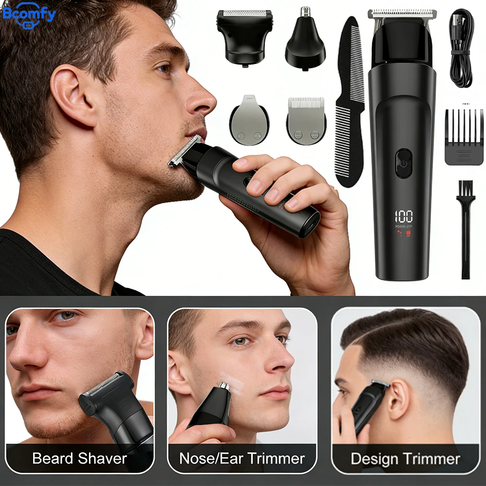 

Мужской электрический триммер для волос 5-в-1, многофункциональный, перезаряжаемый, для бороды, носа и ушей, набор для ухода