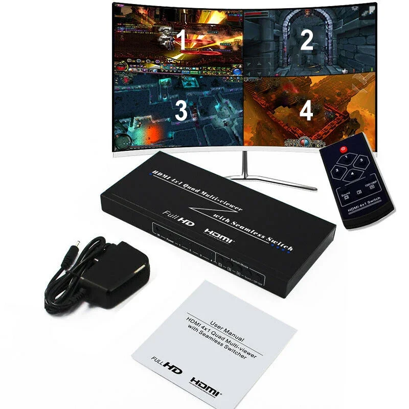 

4x1 HDMI Quad Multi-Viewer 1080P Multiviewer Seamless Switcher 4 in 1 Out Splitter Video Multiplexer for Camera DVD PC PS4 To TV