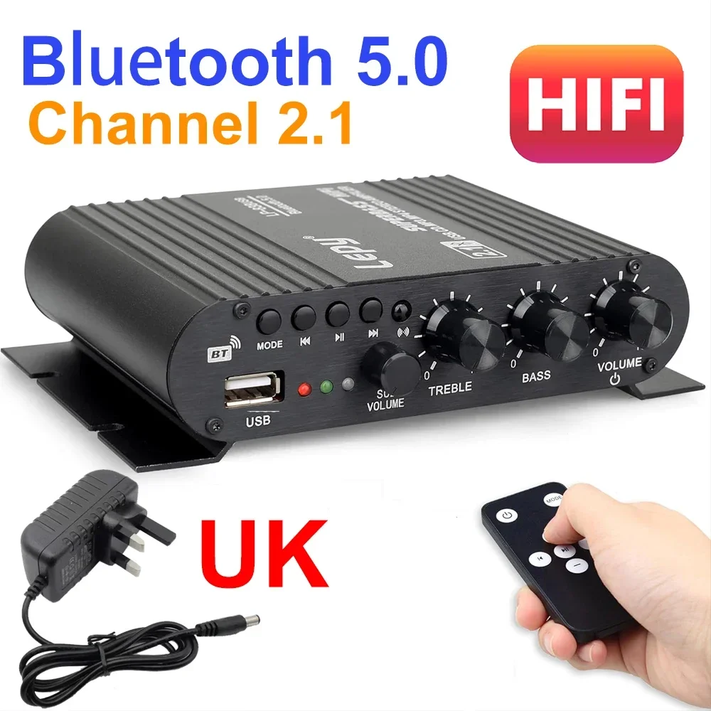 

Bluetooth Audio Amplifier Home Audio HiFi Amp 2.1 CH Supports Bluetoot0h/USB/RCA Input LP-838 40W+40W+50W Amplifiers DC12V3A UK