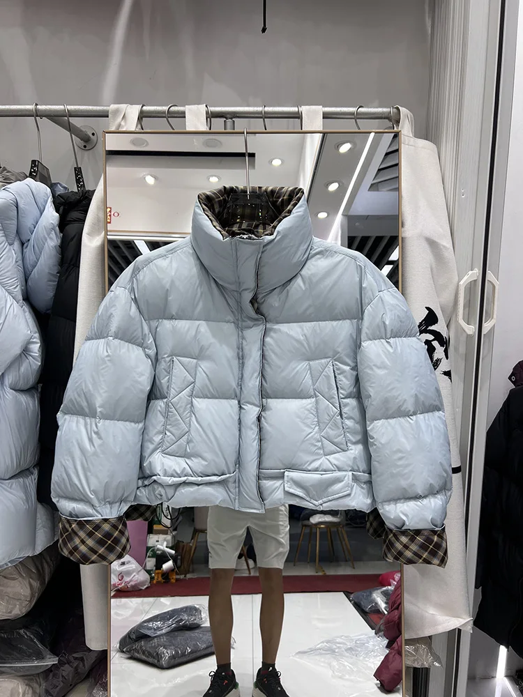 2025年新作 ダウンジャケット レディース ショート丈 スタンドカラー チェック柄 デザイン感 ルーズ 多用途 カジュアル ホワイトダックダウンジャケット