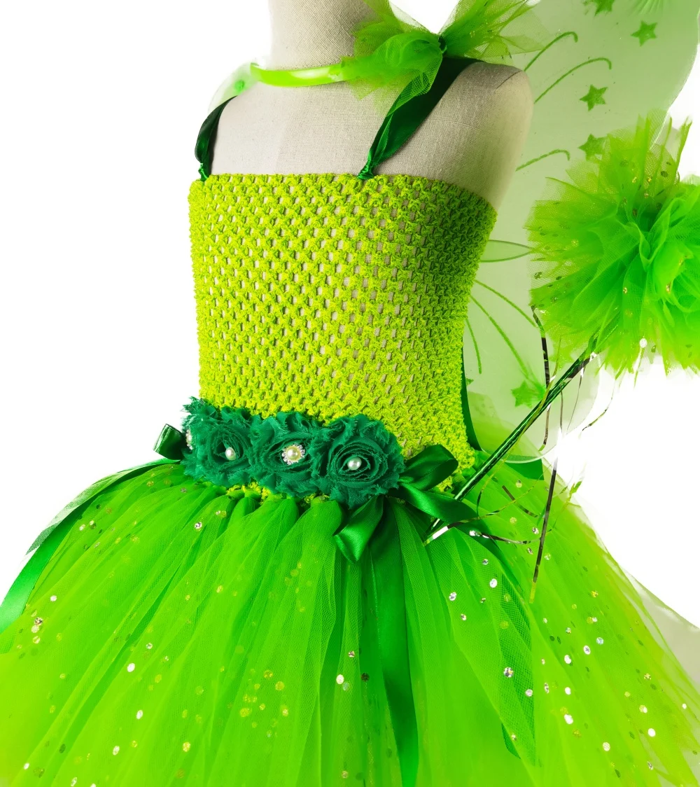 Girls Green Glitter Fairy Dress Kids Butterfly Flower Tutu Dresses with Wing and Stick Hairbow Children Christmas Party Costumes