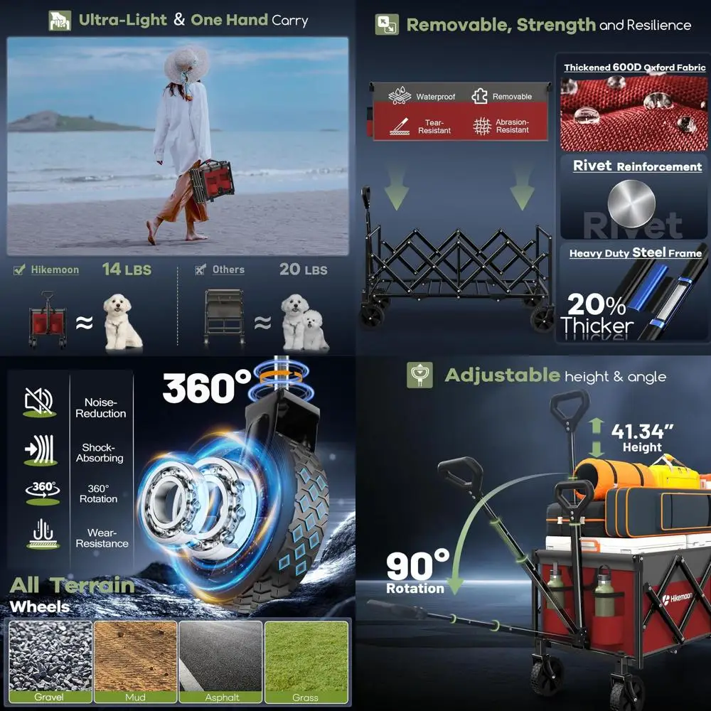 

Сверхдлинная складная тележка-платформа, усиленная пляжная тележка на 34 колесах, грузоподъемность 360 фунтов, портативная для улицы, сада, спорта, кемпинга