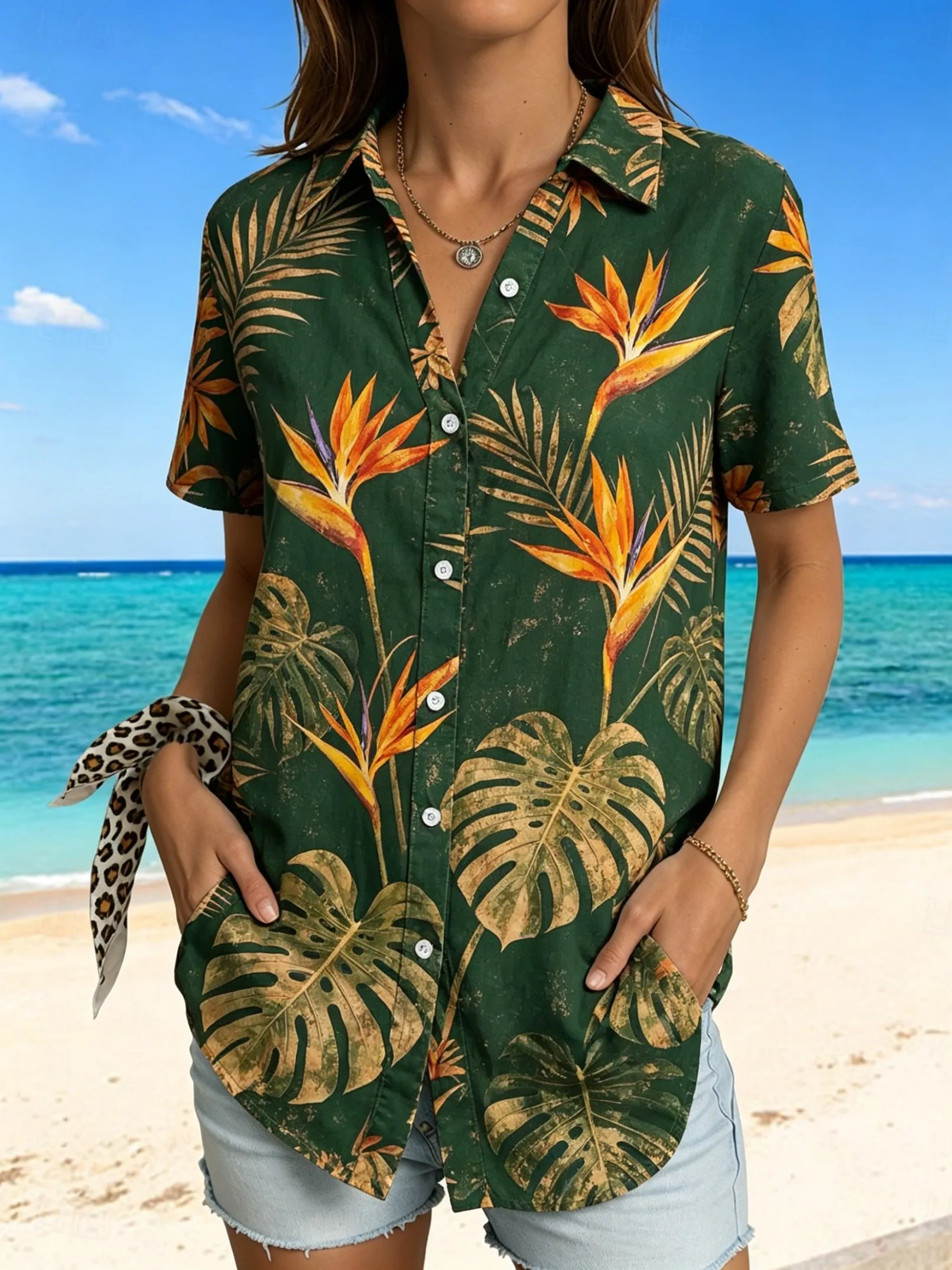 

Women's Short Sleeve Tropical Plant Print Button Down Casual Shirt Elegant Daily Blouse Tops in Green for Spring Summer