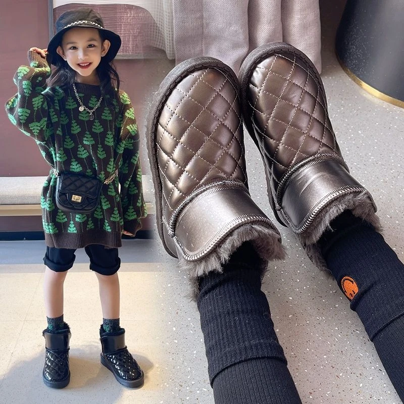 

Kids Snow Boots for Boys Girls Leather Quilted Waterproof Winter Shoes Fleece Lined Non Slip Outdoor Booties for Baby Toddler