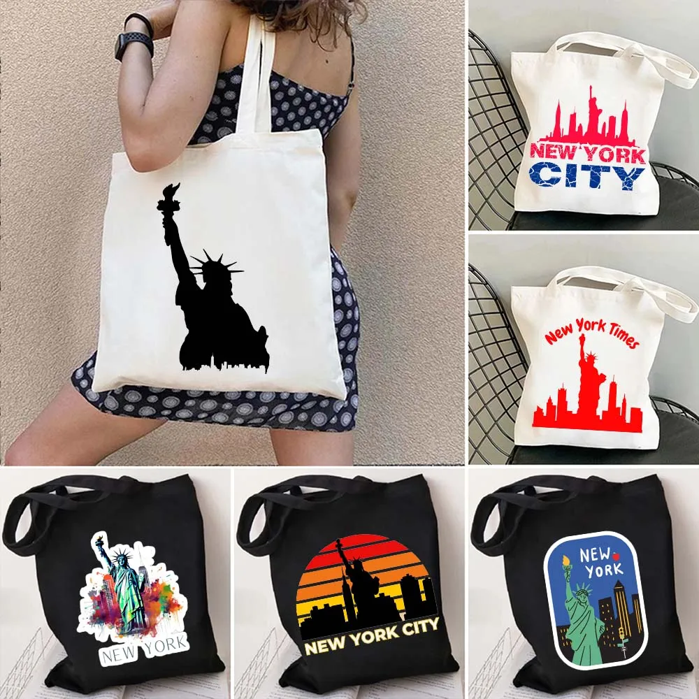 Vintage NYC Print New York Statue of Liberty St Louis United States America Sunset Skyline Canvas Tote Cute Shoulder Bag Handbag