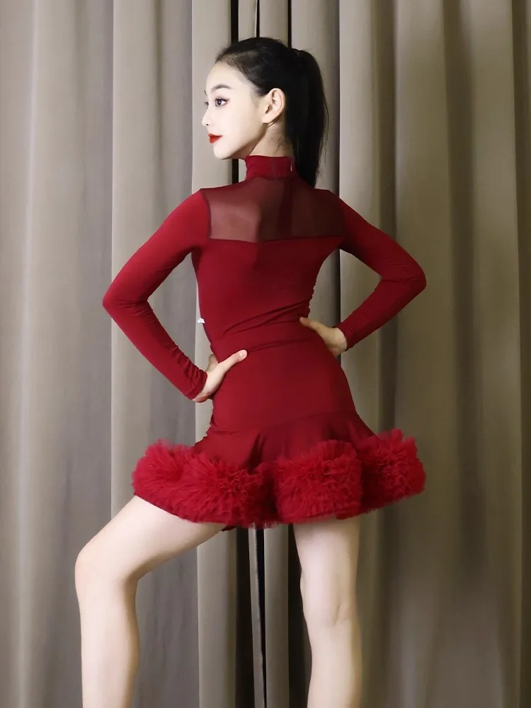 2025 meninas trajes de desempenho vestido de dança latina malha manga longa alta pescoço saia superior terno chacha prática roupas dql11954