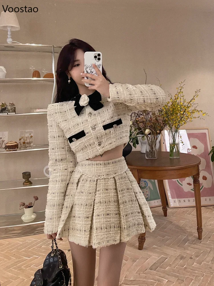 Autumn Winter Korean Skirts 2 Piece Set Women Elegant Bow Short Tweed Jacket Coat Mini Skirt Suit Female Sweet Two Piece Outfits