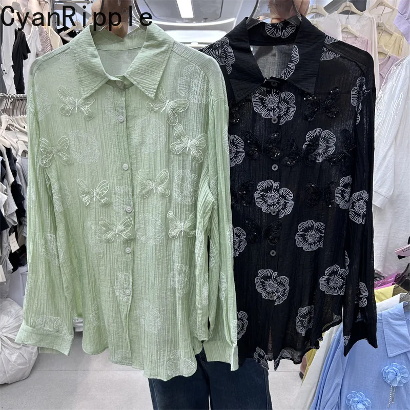 

Новые летние женские рубашки с длинным рукавом для защиты от солнца, свободные кардиганы с вышивкой бабочек, универсальные блузки с отложным воротником