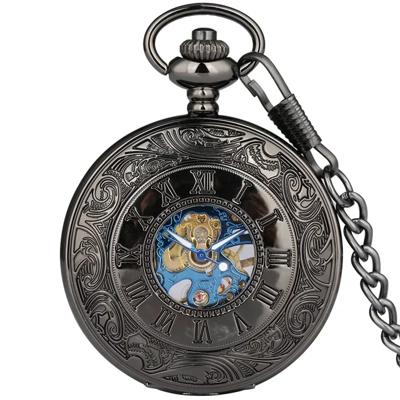 Antique Hollow Case Handwinding Mechanical Pocket Watch for Men Women Skeleton Clock Pendant Chain Roman Number Dial Hour Gift