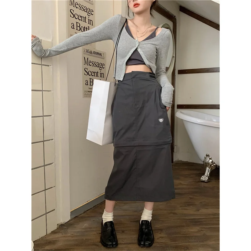 BANA High Waist American Design Detachable Workwear Straight Cut Midi Skirt for Women Two-Way Wear Street Style Long Skirt