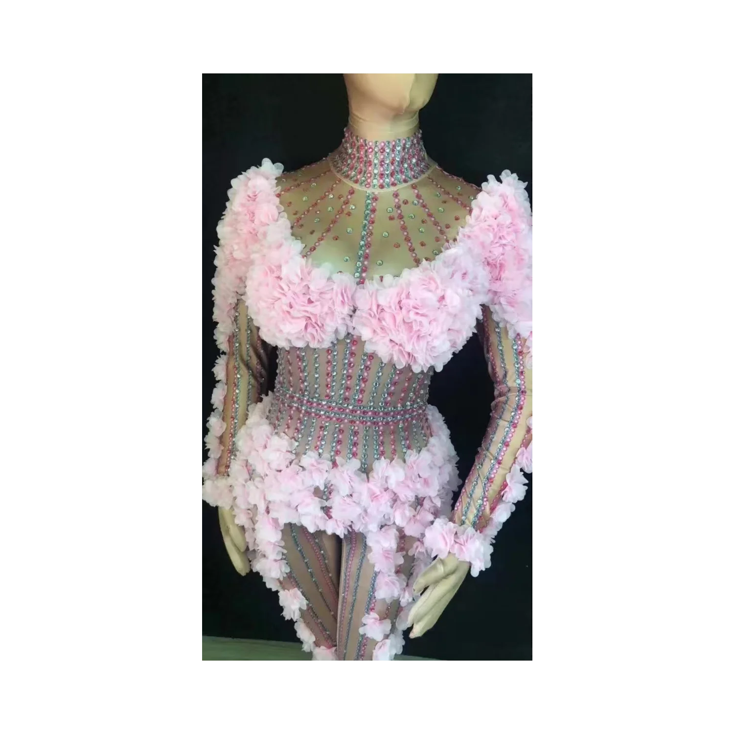 

Sexy Di Pink Flower Crystals Bodysuit CostumeOne-piece Evening Jumpsuit Celebrate PartyWear Singer Stage Performance B070