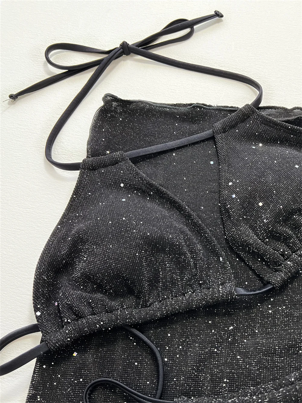 Shiny Tinsel Bikini Black Y2K Sequin Swimsuit Push Up Halter String Swimwear Women Mesh Cover Up Thong Bathing Suit Beach Outfit