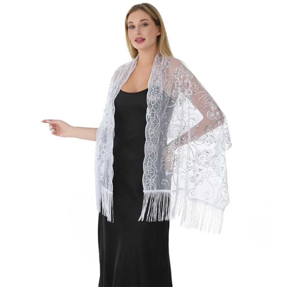 

Fashion Sequins Evening Dress Shawl Mesh Pure Color Wedding Capes with Tassel Wedding Shrugs Wraps for Women