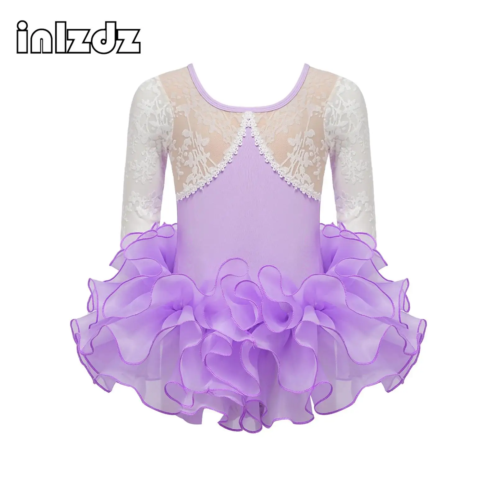 

Kids Girls Ballet Dance Performance Outfit Round Neck Long Sleeve Lace Trim Mesh Patchwork Jacquard Leotard with Layered Skirt