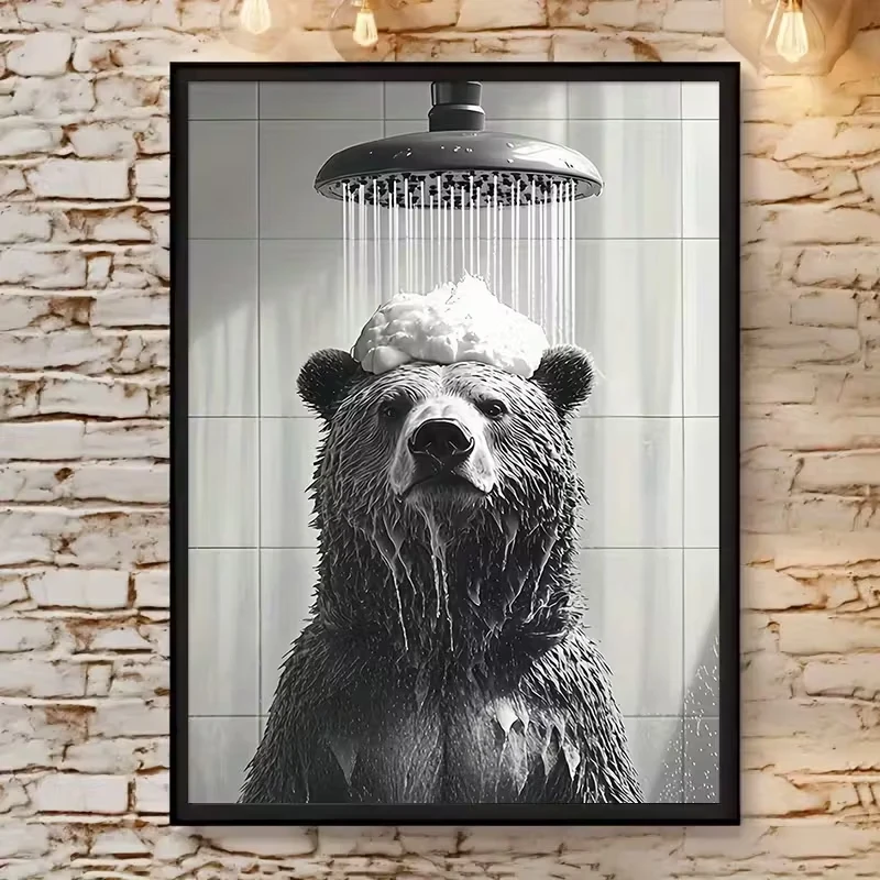 Bear Prints Modern Bathroom Wall Decorations with Shower Heads Canvas Featuring Humorous Animal Art Black White  Scene Posters