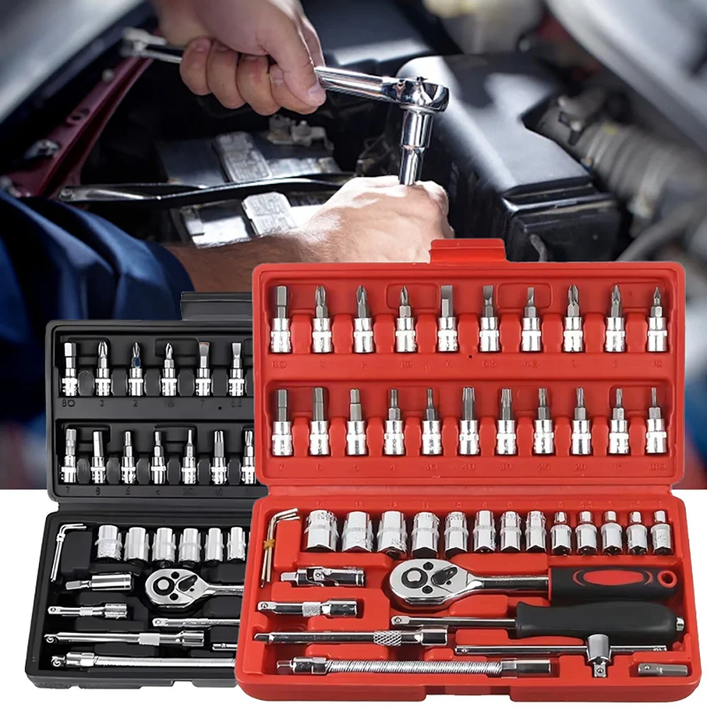 

46pcs Car Repair Tool Kit 1/4-Inch Socket Set Car Repair Tool Ratchet Torque Wrench Combo Auto Repairing Set Mechanic Tool